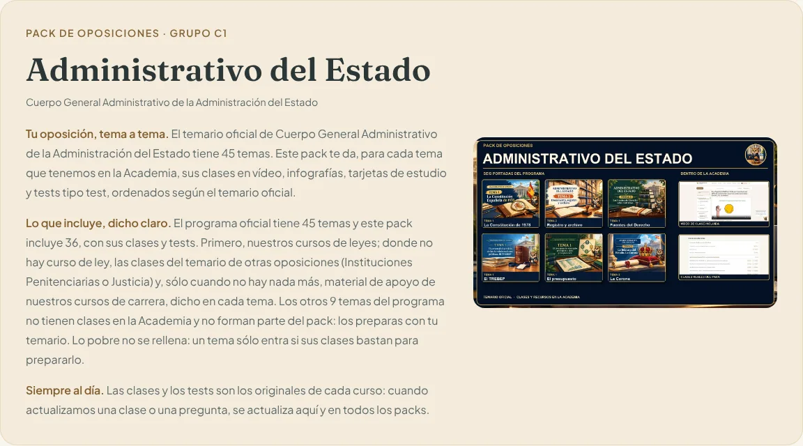 Ficha pública del pack Administrativo del Estado con explicación de su cobertura y material incluido